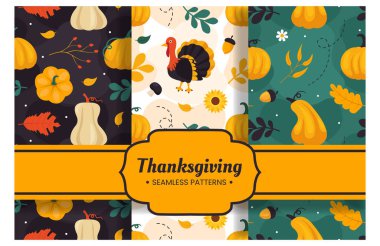 Sezonluk Tasarımlar ve Tatil Dekorasyonları İçin Canlı Düz Şekil Çizgi Film Elemanlarını içeren Şablonsuz Şükran Günü Şablonu