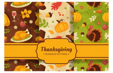 Sezonluk Tasarımlar ve Tatil Dekorasyonları İçin Canlı Düz Şekil Çizgi Film Elemanlarını içeren Şablonsuz Şükran Günü Şablonu