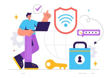 İnternet Bağlantısı, Ağ Koruması, Güvenli Erişim ve Şifreleme için Kablosuz Teknoloji Cihazları ile WiFi Güvenlik Vektörü Resimleri