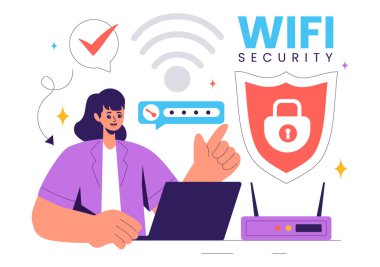 İnternet Bağlantısı, Ağ Koruması, Güvenli Erişim ve Şifreleme için Kablosuz Teknoloji Cihazları ile WiFi Güvenlik Vektörü Resimleri