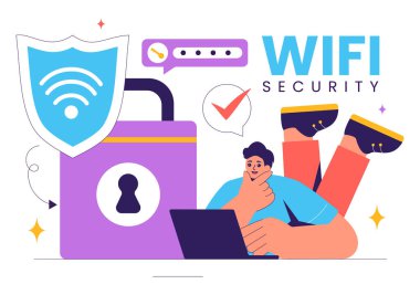 İnternet Bağlantısı, Ağ Koruması, Güvenli Erişim ve Şifreleme için Kablosuz Teknoloji Cihazları ile WiFi Güvenlik Vektörü Resimleri