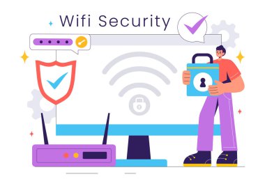 İnternet Bağlantısı, Ağ Koruması, Güvenli Erişim ve Şifreleme için Kablosuz Teknoloji Cihazları ile WiFi Güvenlik Vektörü Resimleri