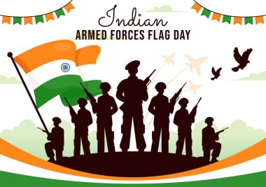 Hint Silahlı Kuvvetleri Bayrak Günü Vektör İllüstrasyonunda Hint Ordusu ve Düz Çizgi Film Tarzında Bayrak Sallıyor