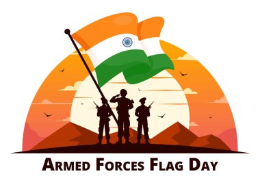 Hint Silahlı Kuvvetleri Bayrak Günü Vektör İllüstrasyonunda Hint Ordusu ve Düz Çizgi Film Tarzında Bayrak Sallıyor