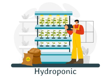 Hidroponik Teknoloji Vektör İllüstrasyonu Bir Arkaplanda Yeşil Santralleri Kontrol Altındaki Koşullarda Yeşillendirmek İçin Bir Sera Ortamı