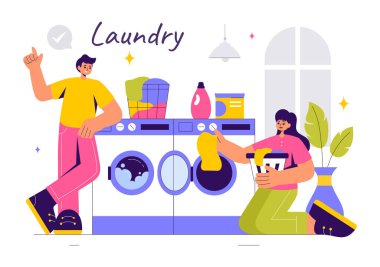 Çamaşır ve Kurutma Makineleri ile Bir Çamaşır Odasının Vektör İllüstrasyonu, Bir Flat Style Çizgi Film Arkaplanındaki Kirli Giysilerle dolu bir Sepet