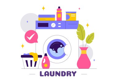 Çamaşır ve Kurutma Makineleri ile Bir Çamaşır Odasının Vektör İllüstrasyonu, Bir Flat Style Çizgi Film Arkaplanındaki Kirli Giysilerle dolu bir Sepet