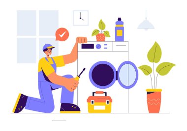 Temizlikçiler, Yenilikçi İşçiler ve Tamirciler 'in Ev Yapımı ve Korumasının Yapıldığı Bir Ev Hizmeti Ekibinin Vektör ResmiComment