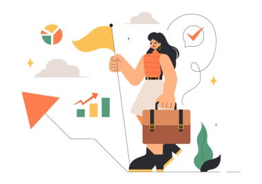 Kariyer Büyümesi, Zafer ve Hedef Başarı Üzerine Odaklanan Toplantılar 'da Bir Kadın Lider' in yer aldığı İş dünyasının Kadın Liderlerinin Vektör İllüstrasyonu