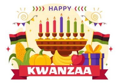 Mazao, Zawadi, Mkeka, Kinara, Hediyeler ve Mumların Arkaplanda Geleneksel Afrika Tatil Sembolleri Olduğu Mutlu Kwanzaa Vektör Resimleri