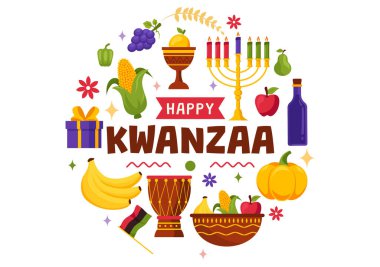 Mazao, Zawadi, Mkeka, Kinara, Hediyeler ve Mumların Arkaplanda Geleneksel Afrika Tatil Sembolleri Olduğu Mutlu Kwanzaa Vektör Resimleri