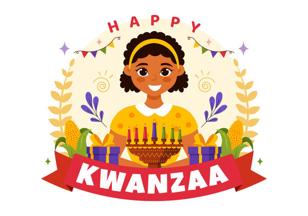 Счастливая векторная иллюстрация Кванзы с участием Мадзао, Завади, Мкеки, Кинары, подарков и свечей в качестве традиционных символов африканского праздника на заднем плане