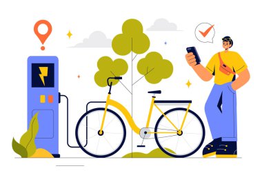 Harita, Konum Pin ve Düz Arkaplan içinde İzleme Mobil Uygulamaları Konsepti içeren bir Navigasyon Uygulaması içeren Akıllı Bisiklet Vektörü İlülasyonu