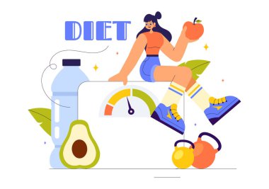 Taze Sebzeler, Meyveler ve Düz Tarzlı Çizgi Film Arkaplanındaki Dengeli Yiyecekler İçin Sağlıklı Yemek Rehberi içeren Diyet Vektörü İlülasyonu