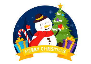 Noel Baba, Baloncuk Balosu, Hediye Kutusu, Sürpriz Hediyeler, Ağaçlar ve Düz Çizgi Film Arkaplanındaki Kar ile Mutlu Noeller Kutlama Vektörü Resimleri