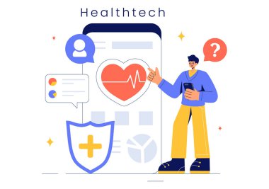 Düz Arkaplanda Sağlık Koşullarını İzlemek İçin Günlük Yaşamda Kullanılan Modern Yüksek Teknoloji Aygıtlarını Özetleyen Sağlık Teknisyeni İllüstrasyonu