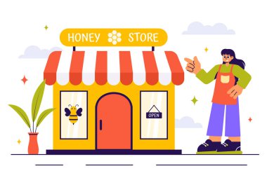 Bal Mağazası Vektör İllüstrasyonunda Düz Tarzlı Tüketim İçin Bal, Arı ve Bal Tarzı gibi Doğal Ürünler