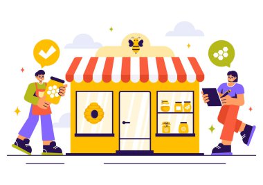 Bal Mağazası Vektör İllüstrasyonunda Düz Tarzlı Tüketim İçin Bal, Arı ve Bal Tarzı gibi Doğal Ürünler