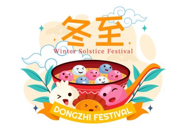 Dongzhi Festivali Çeviri: Geleneksel bir arkaplanda Tangyuan ve Jiaozi 'nin yer aldığı Kış Gündönümü Festivali Vektör Resimleri