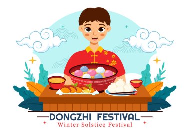 Dongzhi Festivali Çeviri: Geleneksel bir arkaplanda Tangyuan ve Jiaozi 'nin yer aldığı Kış Gündönümü Festivali Vektör Resimleri