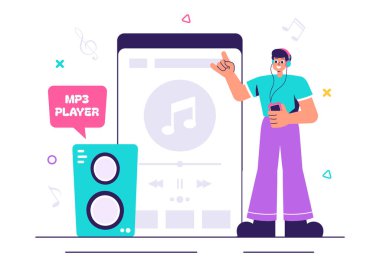 Müzikal Notlar, Kulaklıklar, Kulaklıklar, Müzik Dinleme için Mobil Uygulama Aygıtları içeren MP3 Oyuncu Vektörü İllüstrasyonu