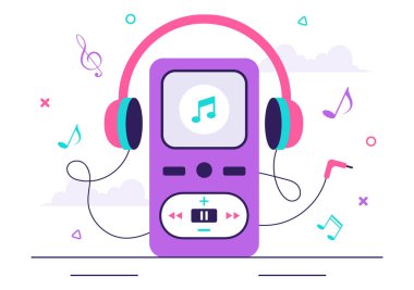 Müzikal Notlar, Kulaklıklar, Kulaklıklar, Müzik Dinleme için Mobil Uygulama Aygıtları içeren MP3 Oyuncu Vektörü İllüstrasyonu