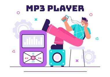 Müzikal Notlar, Kulaklıklar, Kulaklıklar, Müzik Dinleme için Mobil Uygulama Aygıtları içeren MP3 Oyuncu Vektörü İllüstrasyonu