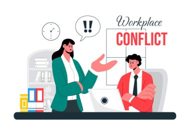 İş yeri Çakışması İllüstrasyonunda, İş Sorunları ve Takım Çalışması Sorunlarını Tartışan İş Arkadaşları Ofiste Tartışıyor