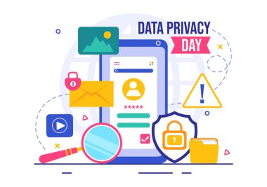 Düz bir arkaplanda Güvenlik Bilgileri, Belgeler ve Veri Korumasını Temsil Eden Bir Ekranda Bir Kilit içeren Veri Gizlilik Günü Vektör İlülasyonu