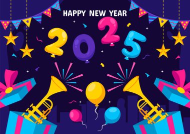 Trompetler, Havai fişekler, Kurdeleler ve Konfeti 'nin Festive National Holiday in a Festive National Holiday in a Background' da yer aldığı yeni yılınız kutlu olsun.