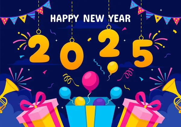 Trompetler, Havai fişekler, Kurdeleler ve Konfeti 'nin Festive National Holiday in a Festive National Holiday in a Background' da yer aldığı yeni yılınız kutlu olsun.