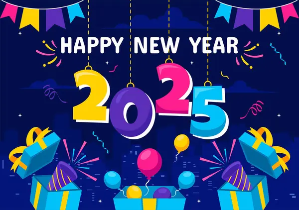 Trompetler, Havai fişekler, Kurdeleler ve Konfeti 'nin Festive National Holiday in a Festive National Holiday in a Background' da yer aldığı yeni yılınız kutlu olsun.