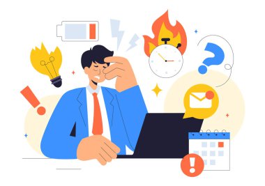 Patlama Önleme Vektörü İllüstrasyonu Duygusal Yanmayı, İş Sağlığını ve Düz Arkaplanda İşyeri Güvenliği Kavramlarını Vurguluyor