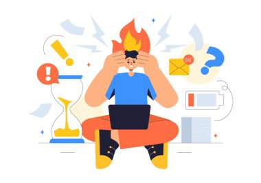 Patlama Önleme Vektörü İllüstrasyonu Duygusal Yanmayı, İş Sağlığını ve Düz Arkaplanda İşyeri Güvenliği Kavramlarını Vurguluyor