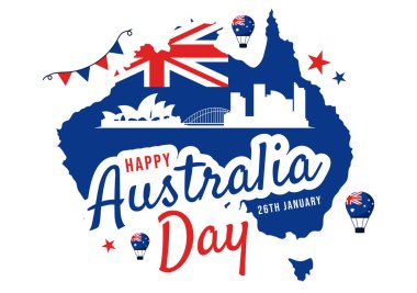 26 Ocak 'ı Kutlayan Avustralya Günü Vektör İllüstrasyonunuz kutlu olsun. Ulusal Tatil İçin Bir Arkaplanda Bir Harita ve Dalgalı Avustralya Bayrağı