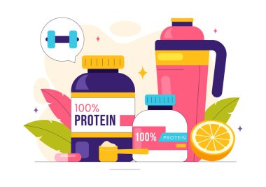 Sağlıklı Besin, Protein Tozu ve Vücut Vitaminlerini Desteklemek İçin Vücut Çalışmaları ve Vücut Vitaminlerini içeren Protein Ekleri Vektör İlülasyonu