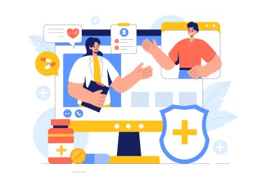 Tıbbi ve Sağlık Verilerini Yağ Biçimli Arkaplanda İzlemek için Dijital Teknolojinin Kullanımını içeren Uzaktan Sağlık İzleme Vektörü İllüstrasyonu