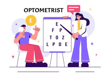 Optometrist Vektör İllüstrasyonunda bir oftalmolog bir hastanın görüşünü, optik göz testlerini ve gelişmiş gözlük teknolojisini inceliyor.