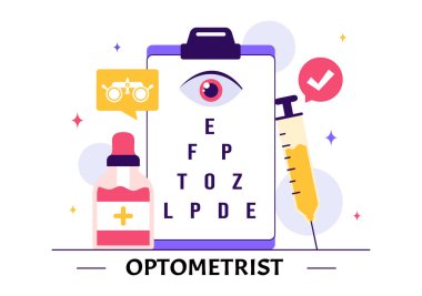 Optometrist Vektör İllüstrasyonunda bir oftalmolog bir hastanın görüşünü, optik göz testlerini ve gelişmiş gözlük teknolojisini inceliyor.