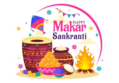 Makar Sankranti Vektör İllüstrasyonu. Hasat Festivali 'nin tercümesi. Uçan Renkli Uçurtmalarla Hint Festivali ve Arka plan Etkinliği