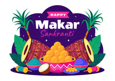 Makar Sankranti Vektör İllüstrasyonu. Hasat Festivali 'nin tercümesi. Uçan Renkli Uçurtmalarla Hint Festivali ve Arka plan Etkinliği