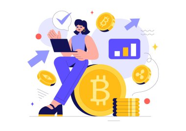 Bir Para Yığını, Dijital Para Birimi Cüzdan Teknolojisi ve Kripto Para Birimi Bitcoin içeren Kripto Vector Illustration