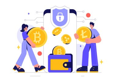 Bir Para Yığını, Dijital Para Birimi Cüzdan Teknolojisi ve Kripto Para Birimi Bitcoin içeren Kripto Vector Illustration