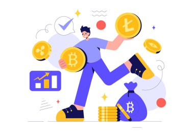 Bir Para Yığını, Dijital Para Birimi Cüzdan Teknolojisi ve Kripto Para Birimi Bitcoin içeren Kripto Vector Illustration