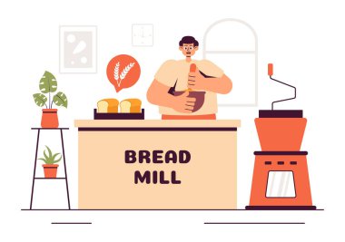 Ekmek Değirmeni Vektör İllüstrasyonunda Buğday Torbası, Çeşitli Ekmekler ve Düz Çizgi Film Arkaplanındaki Fırın Ürünleri Yel Değirmeni
