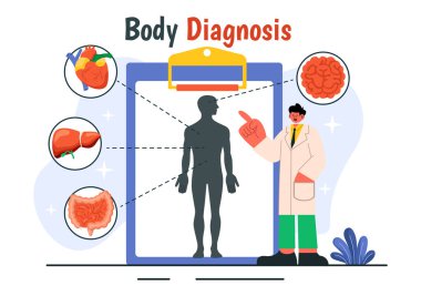 Body Diagnosis Vector Illustration featuring an X-ray Machine and MRI Scanner Examining the Human Body for Organ and Joint Health in a Flat Background clipart