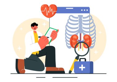 Bir X-ray Makinesi ve MRI tarayıcısının Düz Arkaplandaki Organ ve Ortak Sağlık İçin İnsan Vücudunu İncelediği Vücut Tanılama Vektörü İlülasyonu