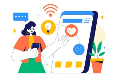 Düz Biçim Arkaplanındaki Ağ 'a Bağlı İnternet Teknoloji Aygıtları Özellikli Akıllı Aygıtlar Vektör İllüstrasyonu