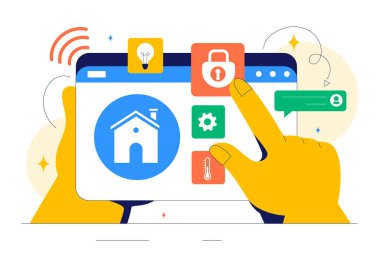 Düz Biçim Arkaplanındaki Ağ 'a Bağlı İnternet Teknoloji Aygıtları Özellikli Akıllı Aygıtlar Vektör İllüstrasyonu