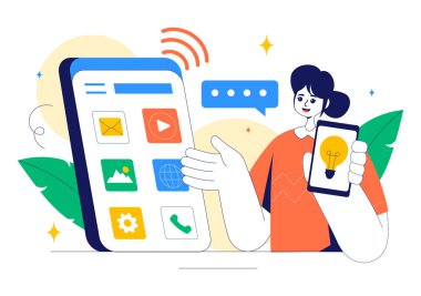 Düz Biçim Arkaplanındaki Ağ 'a Bağlı İnternet Teknoloji Aygıtları Özellikli Akıllı Aygıtlar Vektör İllüstrasyonu